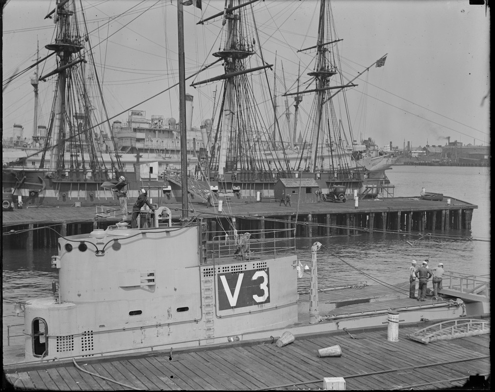 Sub V-3 in Navy Yard - Sailing ship in background