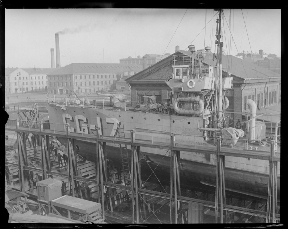 USS Paulding on Navy Yard Marine Railway after Bow was torn off when she rammed the S-4 off Provincetown. Sub crew was lost.