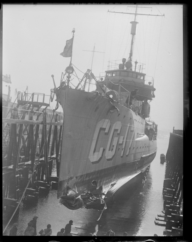 USS Paulding on Marine Railway after bow was damaged ramming the S-4 off Provincetown