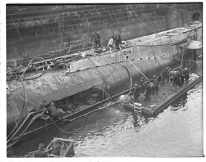 Ill-fated sub S-4 in drydock after sinking off Provincetown