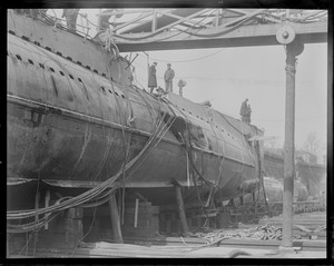 Sub S-4 in drydock showing damage