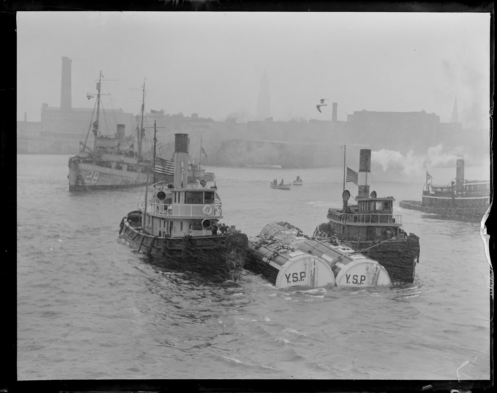 Sub S-4 being towed to Navy Yard from off of Provincetown. The trip took 14 hours to go the 49 miles.