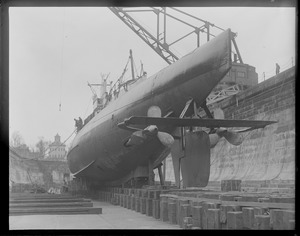 Sub S-4 before being floated in Navy Yard drydock