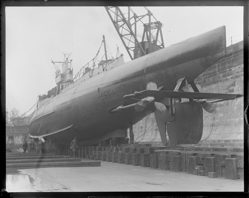 Sub S-4 just before she was floated in drydock, Navy Yard