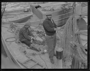 Italian fishermen mending nets at old T-wharf