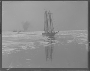 Fishing schooner Pioneer leaving for the banks, cutting herself through thick ice