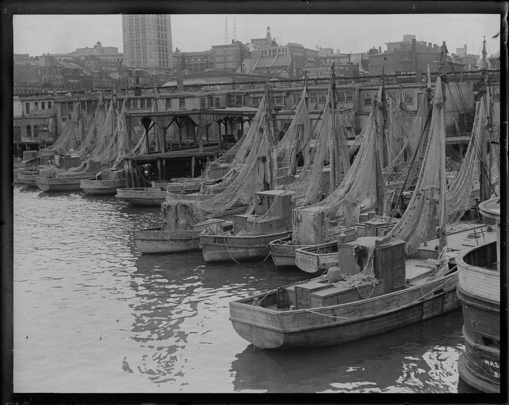 Drying nets at old T-wharf. Charles M. Falici II et al. boats.