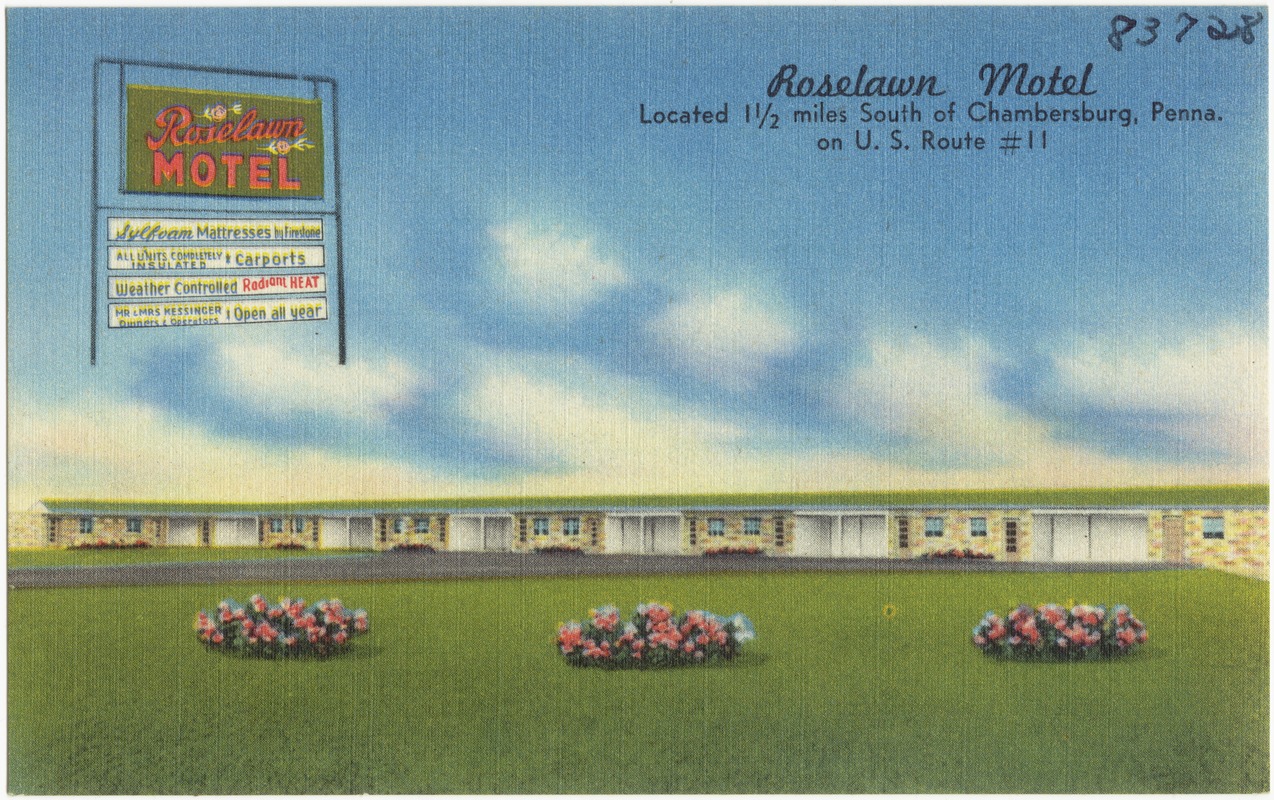 Roselawn Motel, located 1 1/2 miles south of Chambersburg, Penna., on U.S. Route # 11