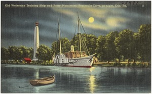 Old Wolverine Training Ship and Perry Monument, Peninsula Drive, at night, Erie, Pa.