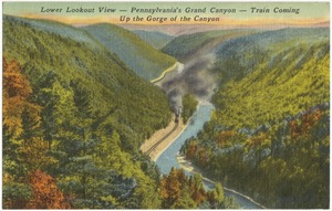 Lower lookout view -- Pennsylvania's Grand Canyon -- Train coming up the gorge of the canyon