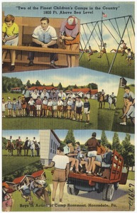"Two of the finest children's camps in the country", 1800 feet above sea level. Boys in action at Camp Rosemont, Honesdale, Pa.