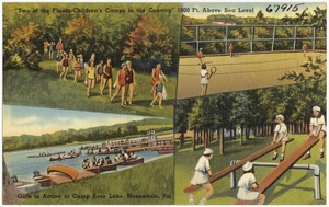 "Two of the finest children's camps in the country", 1800 feet above sea level. Girls in action at Camp Rose Lake, Honesdale, Pa.