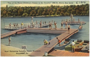 "Two of the finest children's camps in the country", 1800 feet above sea level. Boys' swimming period at Camp Rosemont, Honesdale, Pa.
