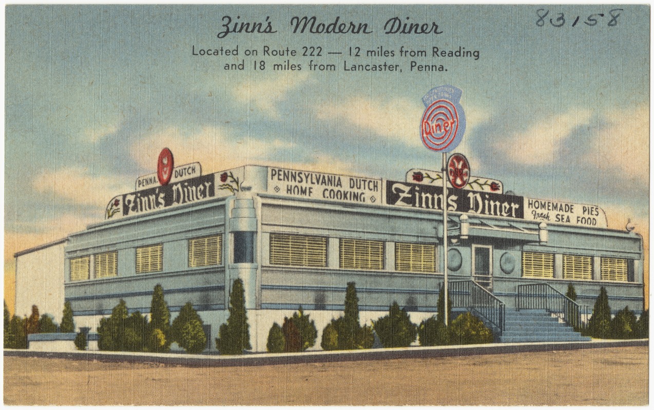Zinn's Modern Diner, located on Route 222 -- 12 miles from Reading and 18 miles from Lancaster, Penna.