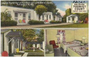 Palmyaa Tourist Court, located 16 miles east of Harrisburg and 3 miles east of Hershey Park on U.S. Rt. 422
