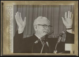 Welcome for Steelworkers--United Steelworkers of America President I.W. Abel raises his hands in welcome as he speaks today at USWA convention which opened at the International Amphitheater in Chicago. Vice President Hubert Humphrey is scheduled to address the steelworkers this afternoon.