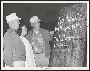 "That's All, Folks" -- Looking philosophical at North Station sign of Boston & Maine were, from left, Ray Parsons, Lawrence; Miss Betty Kouliss, Lowell; Joseph LaFlamme, Lawrence, three stranded commuters.
