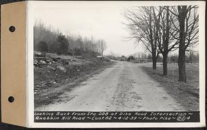 Contract No. 82, Constructing Quabbin Hill Road, Ware, looking back from Sta. 208 at dike road intersection, Ware, Mass., Apr. 12, 1939