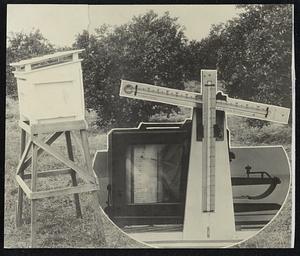 Farmers often set out small "observatories" to make their own weather recordings. On the extreme left is the small 'houses' lent by the government to co=operate observers. In the center foreground are the maximum and minimum thermometers also lent by the government with farmer's own recording thermometer behind them. On the right is G. Harold, Noyes, senior meteorologist for New England.