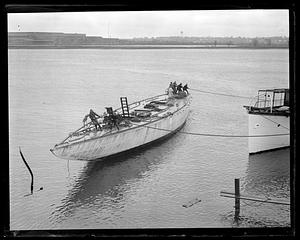Racing yacht Yankee floated after remodeling at Lawley's in Neponset