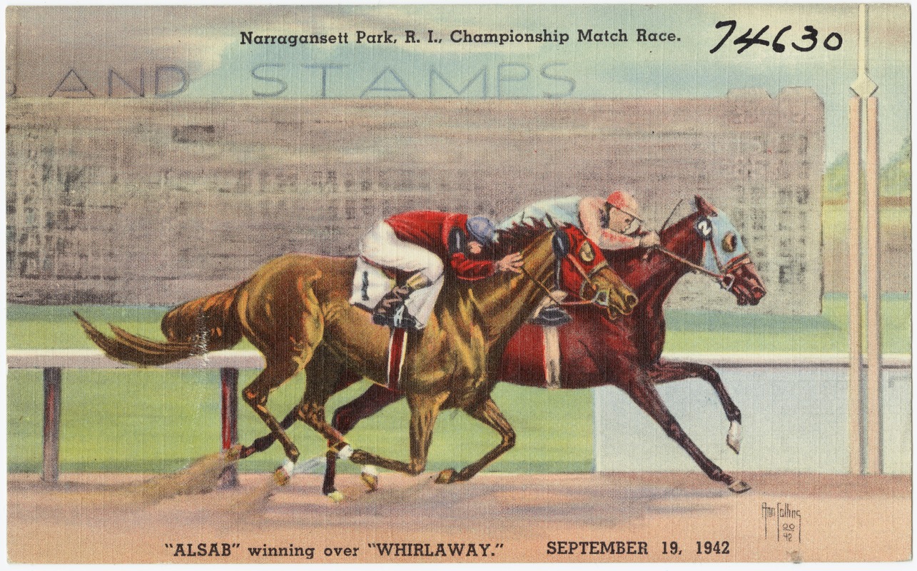 Narragansett Park, R.I., Championship Match Race, "Alsab" winning over "Whirlaway." September 19, 1942