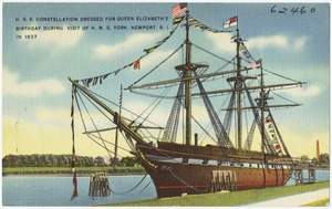 U. S. S. Constellation dressed for Queen Elizabeth's birthday during visit of H. M. S. York, Newport, R.I. in 1937