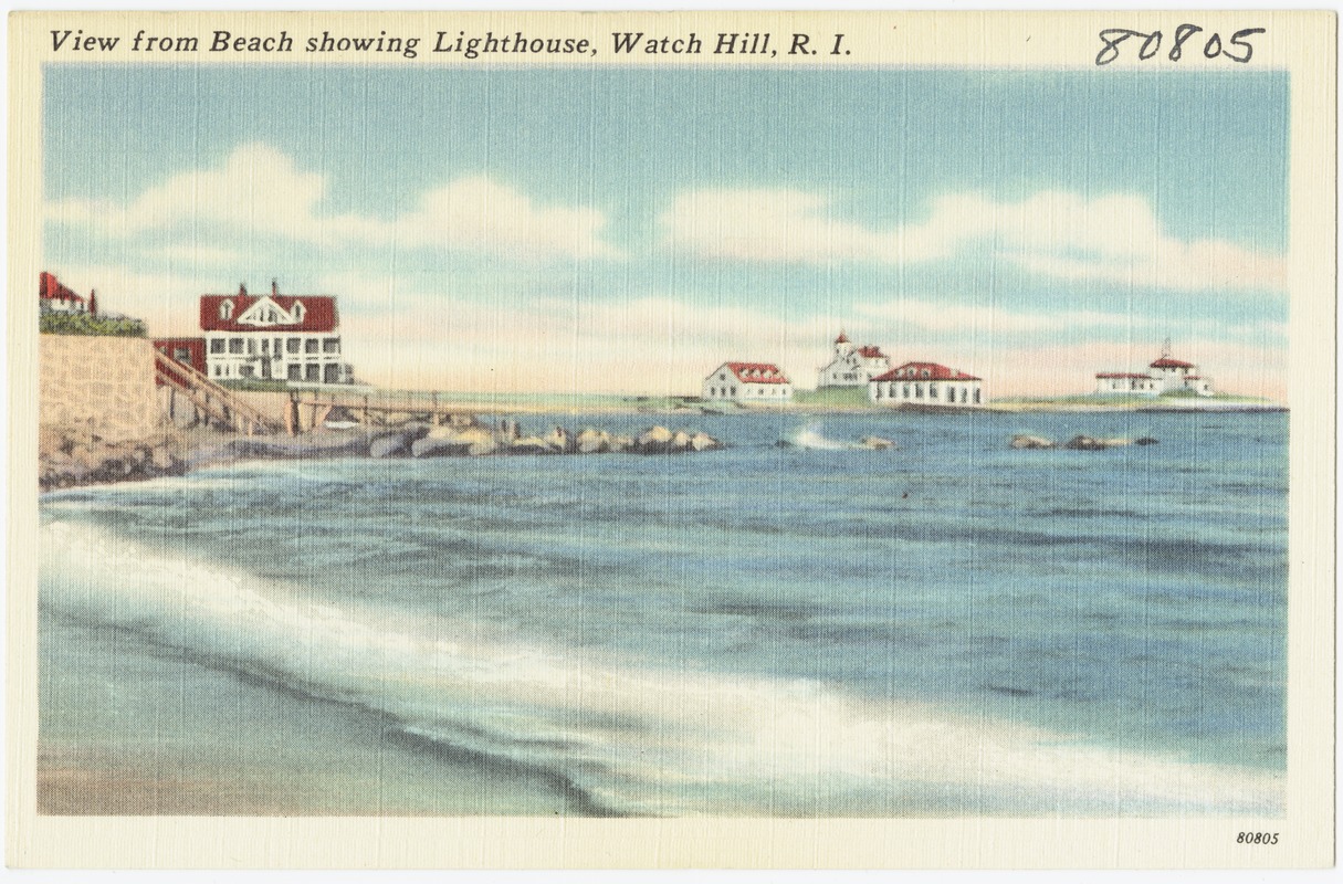 View from beach showing lighthouse, Watch Hill, R.I.