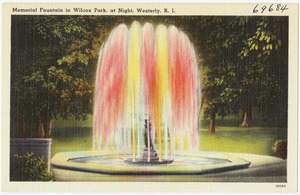 Memorial Fountain in Wilcox Park, at night, Westerly, R.I.