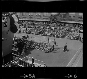 View of attendees and reviewing stand at christening ceremony for the USS Mount Vernon in Quincy