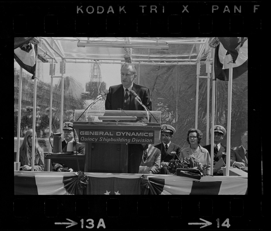 Barry J. Shillito, Assistant Secretary of Defense, speaking at christening ceremony of the USS Mount Vernon