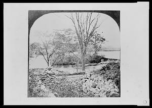 Remains of Badger house at the falls of the Charles River Dam (South Natick), with view of the Charles River and the “Island Retreat"