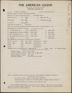American Legion military record of Francis Edwin Bowker