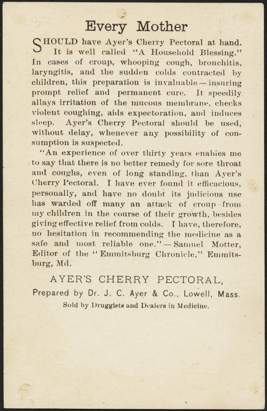 Ayer's Cherry Pectoral cures colds, coughs and all diseases of the throat and lungs