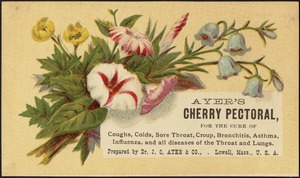 Ayer's Cherry Pectoral, for the cure of coughs, colds, sore throat, croup, bronchitis, asthma, influenza, and all diseases of the throat and lungs.