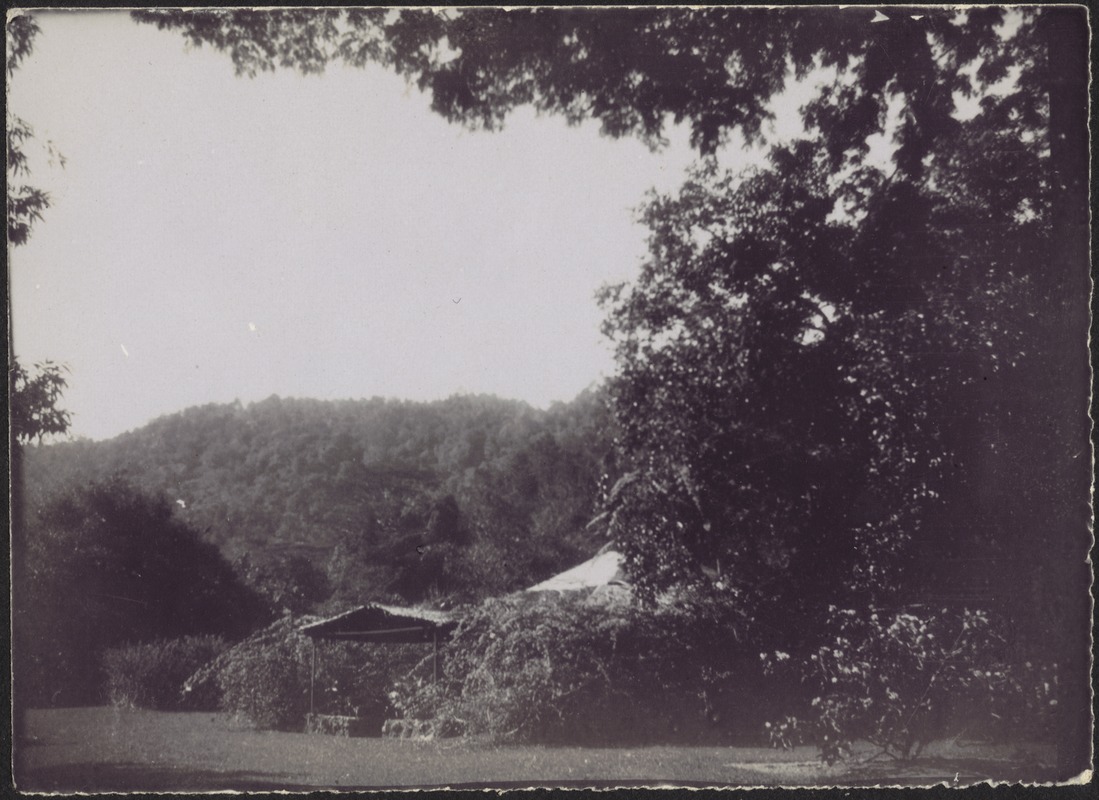 Entrance to low building surrounded by trees; mountains