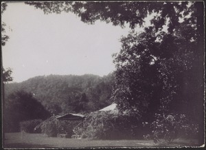 Entrance to low building surrounded by trees; mountains