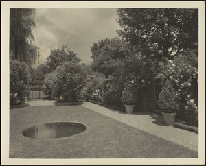 Ashdale Farm. Side view of rose garden; reflecting pool; willows on left