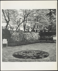Ashdale Farm. Rose garden; reflecting pool with lily pads; white cast iron chair on left