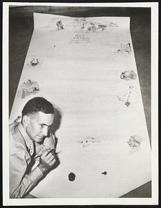 The B stands for Big -- The letter's seven feet long. Writer is Pvt. Buell Fuller, a ground crewman at Gunter Field, who spent three hours writing 1,500 words -- with illustrations -- to his twin brother, John W. Fuller, an instructor attached to the technical staff of the Atlantic Transport Command.
