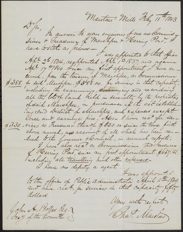 Herring Pond - Report Concerning Treasury and Mashpee Commissioner Appointment, February 11, 1843