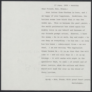 Herbert Brutus Ehrmann Papers, 1906-1970. Sacco-Vanzetti. Bartolomeo Vanzetti. Autograph Letters Signed to Mrs. Elizabeth Glendower Evans, 1920-1927. Box 16, Folder 19, Harvard Law School Library, Historical & Special Collections