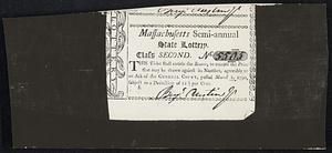 Massachusetts Semi-annual. State Lottery. Class Second. No. 5505. This Ticket shall entitle the Beaver, to receive the prize that may be drawn against its number, agreeably to an Act of the General Court of New Hampshire, passed March 2,1790, subject to a deduction of 12 1/2 per cent.