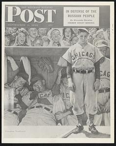 Saturday Evening Post Cover that was based on Braves Field game. The young lady behind the Chicago Cubs dugout is Helen Fitzsimmons, daughter of Coach Fred Fitzsimmons of the Braves. In front of the dugout is Frankie McNulty, the Boston boy who is the clubhouse boy for the visiting teams. The Cubs, left to right are, Pitcher Bob Rush, Manager Charley Grimm, Catcher Al Walker and Pitcher Johnny Schmitz. The cover was drawn by Artist Norman Rockwell from a situation that developed a Braves Field on Sunday, May 23.
