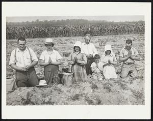 Drought-Stricken Farm Family Pray For Rain. Philip Makofske, and his family are shown kneeling in the parched fields of their Wantagh, L.I. Farm, July 26, praying for rain, as Long Island is experiencing the worst drought in many years. Although many farms on Long Island are equipped with watering equipment, the larger farms such as this one depend solely upon rain for moisture for the crops.