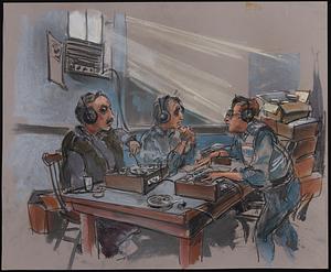 Men listening to recording equipment, possibly a wiretap