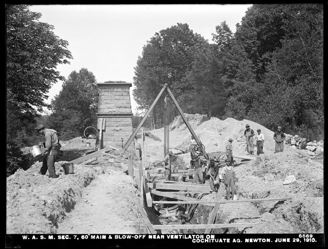 Distribution Department, Weston Aqueduct Supply Mains, Section 7, 60-inch main and blow-off near Ventilator Chamber on Cochituate Aqueduct, Newton, Mass., Jun. 29, 1910