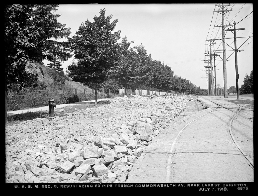 Distribution Department, Weston Aqueduct Supply Mains, Section 8, resurfacing 60-inch pipe trench in Commonwealth Avenue near Lake Street, Brighton, Mass., Jul. 7, 1910
