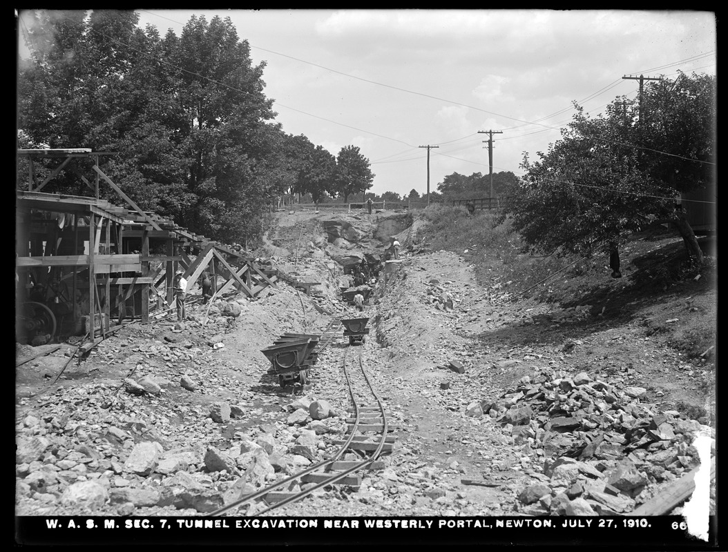 Distribution Department, Weston Aqueduct Supply Mains, Section 7, tunnel excavation near westerly portal, Newton, Mass., Jul. 27, 1910
