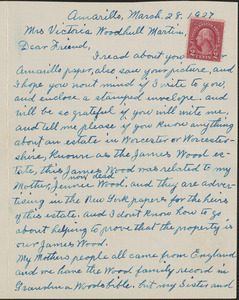 Nellie Bennett autograph letter signed to [Victoria Woodhull Martin], Amarillo, Tex., March 28, 1927