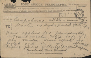 British Vice Consul telegram to [Victoria Woodhull] Martin, Las Palmas, Canary Islands, March 21, 1897